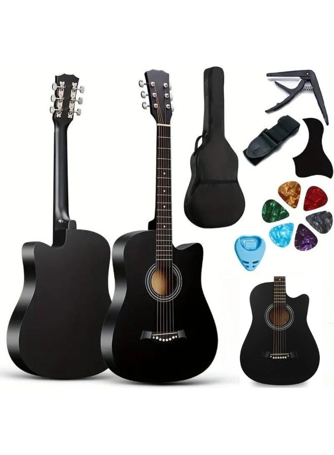 MegArya Acoustic Guitar 38 Inch Beginner Combo With Bag, Capo, Picks, Pick Guard, Pick Holder And Strap (Black) - Image 1