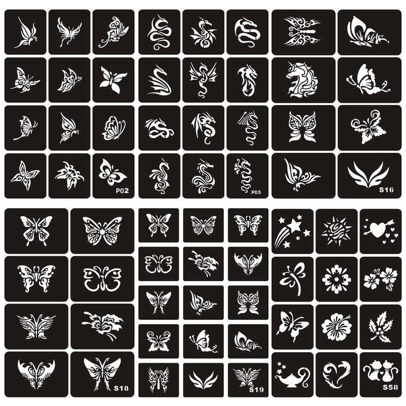 Kotbs 6 Sheets Temporary Tattoos Stencils for Kids Girls 67pcs Butterfly Dragon Patterns Body Paint Henna Stencils Kit Glitter Tattoos Stencils for Halloween Party