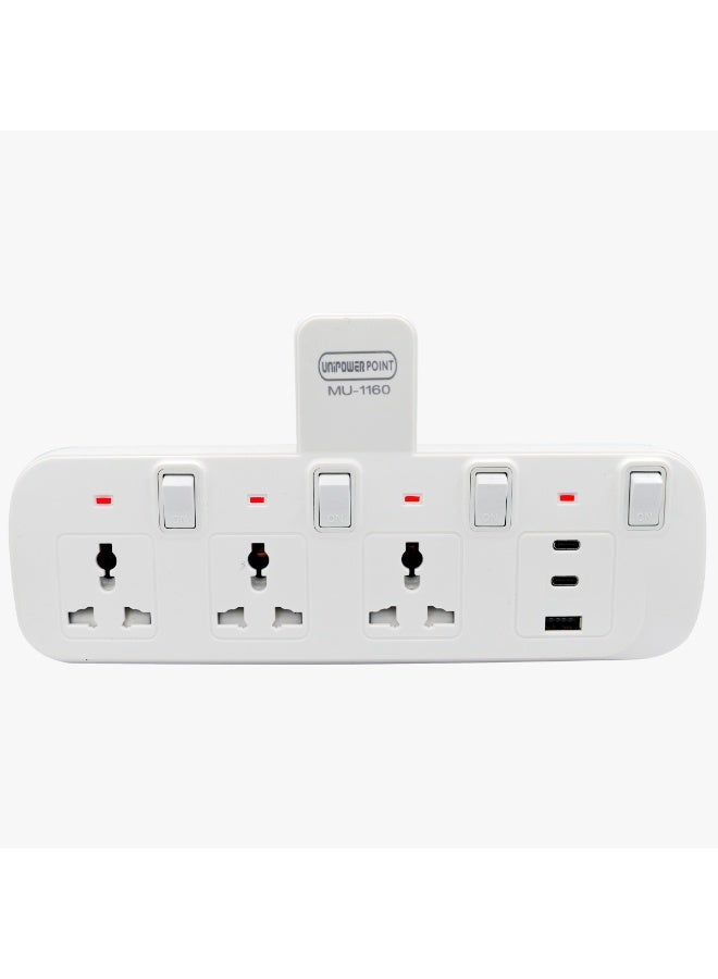 Multi Plug Extension Extender Wall Socket with 6-way Outlets (3 Universal Plug, 2 USB & 1 C type) Multiple Electrical Outlet Adaptor With Light Indicator, Individual Switch & Safety Shutter