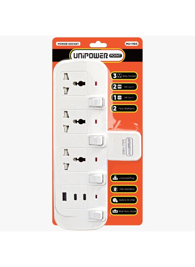 Unipower Multi Plug Extension Extender Wall Socket with 6-way Outlets  (3 Universal Plug, 1 USB & 2 C type)  Multiple Electrical Outlet Adaptor With Light Indicator, Individual Switch & Safety Shutter - Image 3