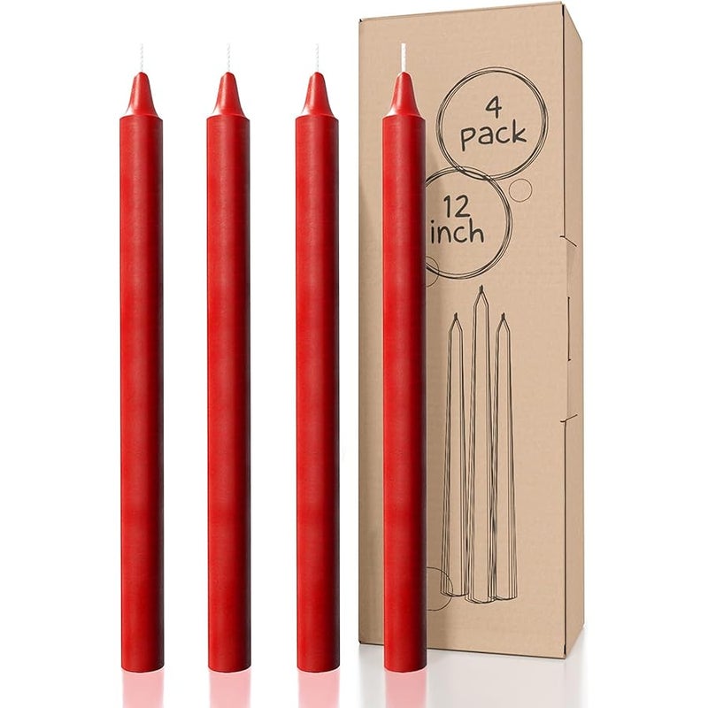 CANDWAX Red Taper Candles Pack of 4 - Slow Burning Dripless Unscented Straight Candles 12 inch - Ideal for Dinner Table - less Long Candlesticks - Image 1