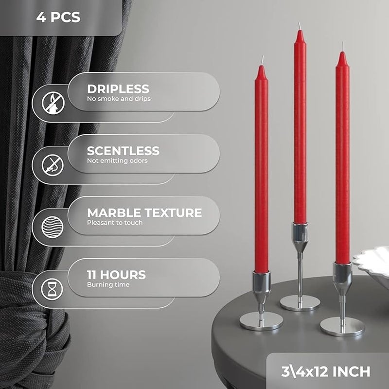 CANDWAX Red Taper Candles Pack of 4 - Slow Burning Dripless Unscented Straight Candles 12 inch - Ideal for Dinner Table - less Long Candlesticks - Image 2