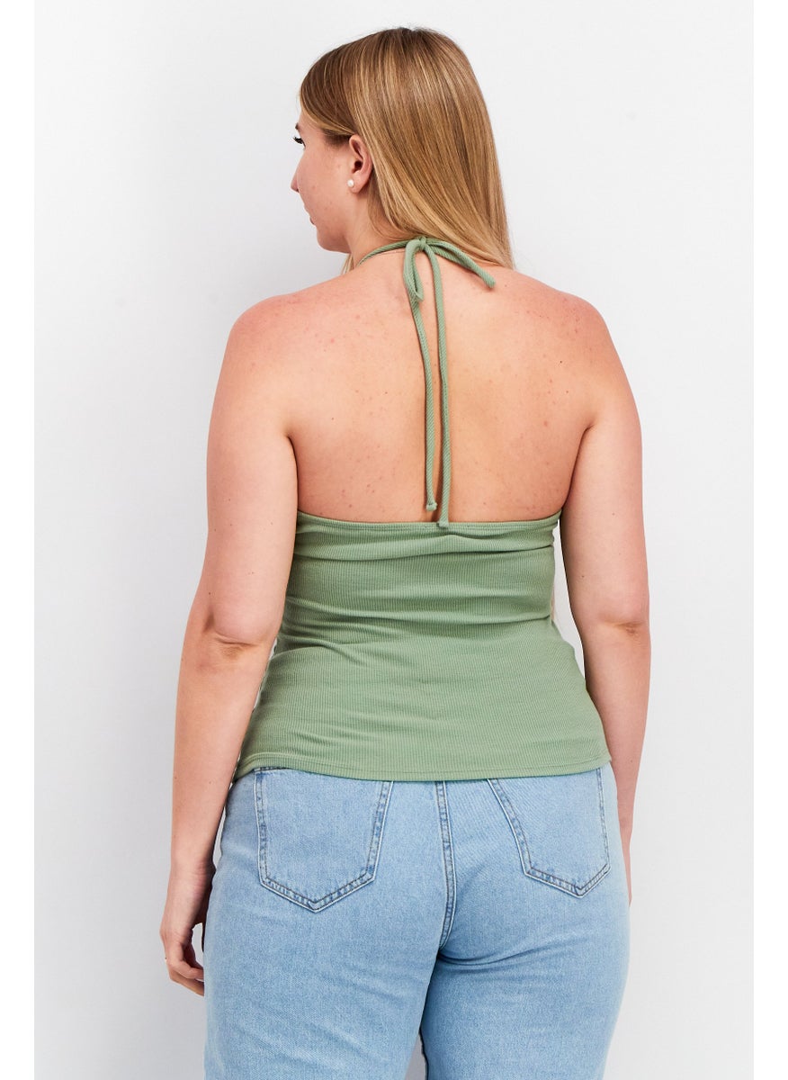 Aqua - Women Halter Neck Sleeveless Knitted Cut Out Top, Olive - Image 1