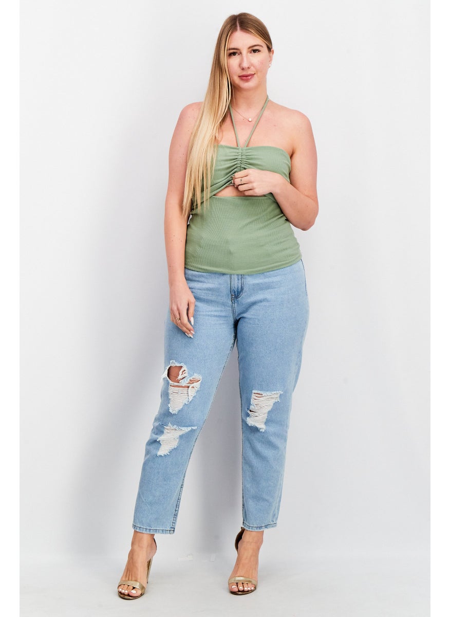Aqua - Women Halter Neck Sleeveless Knitted Cut Out Top, Olive - Image 1