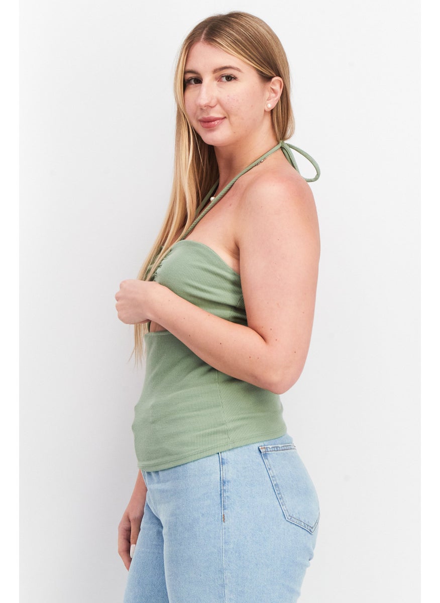 Aqua - Women Halter Neck Sleeveless Knitted Cut Out Top, Olive - Image 1