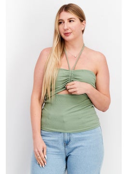 Women Halter Neck Sleeveless Knitted Cut Out Top, Olive