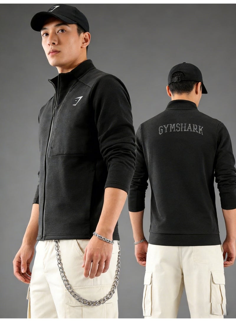 Gymshark Black Full Zipper Sports Jacket - High Performance Soft Fabric Sports Top with Brand Logo, Suitable for Gyms and Casual Styles - Image 1