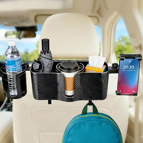 LNCOJOLM Car Headrest Backseat Storage Box with 2 Cup Holders, Back Seat Car Organizer 5"-13" Tablet Phone Holder with Hook, Adjustable 3-in-1 Multifunctional Car Essential Food Tray for Travel Accessories - Image 1
