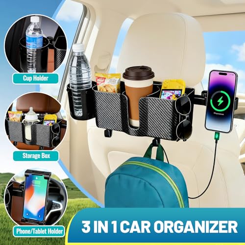 LNCOJOLM Car Headrest Backseat Storage Box with 2 Cup Holders, Back Seat Car Organizer 5"-13" Tablet Phone Holder with Hook, Adjustable 3-in-1 Multifunctional Car Essential Food Tray for Travel Accessories - Image 3