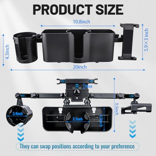 LNCOJOLM Car Headrest Backseat Storage Box with 2 Cup Holders, Back Seat Car Organizer 5"-13" Tablet Phone Holder with Hook, Adjustable 3-in-1 Multifunctional Car Essential Food Tray for Travel Accessories - Image 2