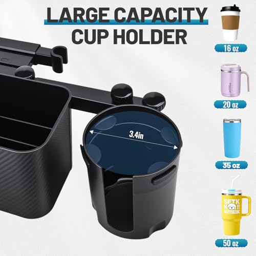 LNCOJOLM Car Headrest Backseat Storage Box with 2 Cup Holders, Back Seat Car Organizer 5"-13" Tablet Phone Holder with Hook, Adjustable 3-in-1 Multifunctional Car Essential Food Tray for Travel Accessories - Image 5