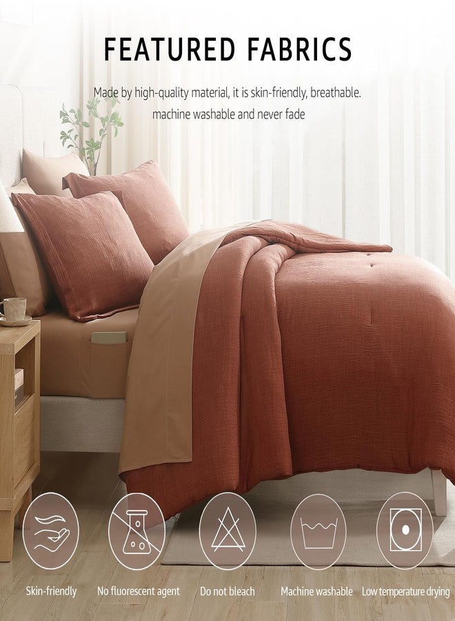 Geniospin Full Size Comforter Set- 7 Pieces Terracotta Textured King Bedding Set, Soft Solid Bed in a Bag for All Seasons, Fall Comforter Set with Sheets - Image 3