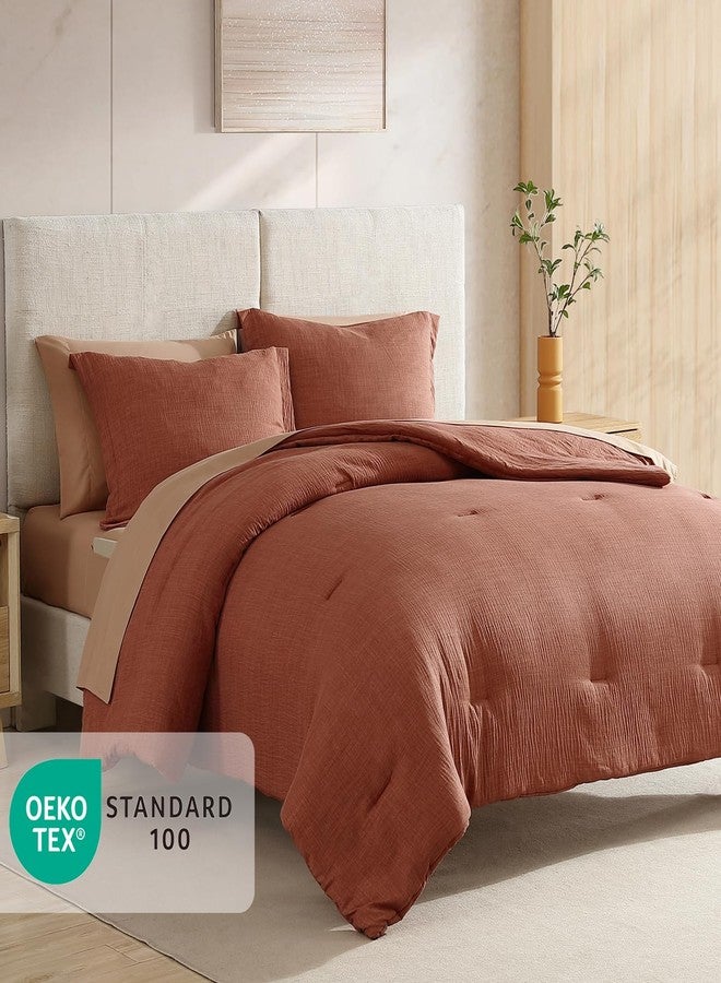 Geniospin Full Size Comforter Set- 7 Pieces Terracotta Textured King Bedding Set, Soft Solid Bed in a Bag for All Seasons, Fall Comforter Set with Sheets - Image 2