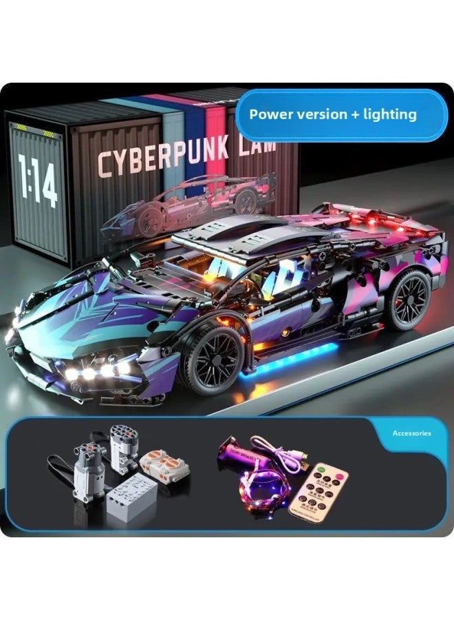 Compatible With Lego Cyberpunk Lamborghini Remote Control Sports Car Mechanical Linkage Difficult Children's Toy Building Blocks-Color:Starry Sky Blue Bikini Lighting + Power Group [container Box]  - Image 1