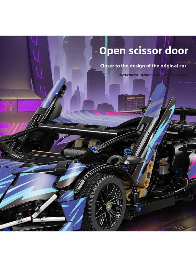 Compatible With Lego Cyberpunk Lamborghini Remote Control Sports Car Mechanical Linkage Difficult Children's Toy Building Blocks-Color:Starry Sky Blue Bikini Lighting + Power Group [container Box]  - Image 4