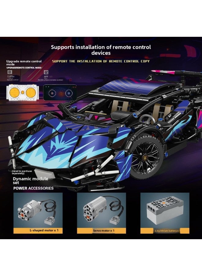Compatible With Lego Cyberpunk Lamborghini Remote Control Sports Car Mechanical Linkage Difficult Children's Toy Building Blocks-Color:Starry Sky Blue Bikini Lighting + Power Group [container Box]  - Image 5