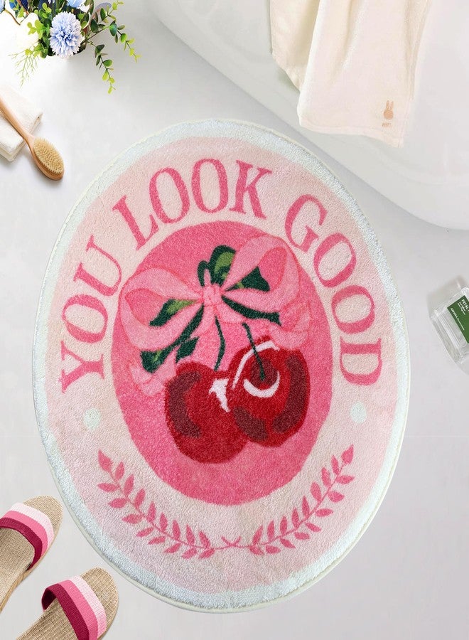 SHIYUE You Look Good Cute Cherry Bath Mat, Ultra Soft and Fluffy Microfiber Water Absorption Non Slip Mat for Bedroom Kitchen Bathroom Rug Decor(23.6"×23.6" Pink Bow Y01) - Image 1