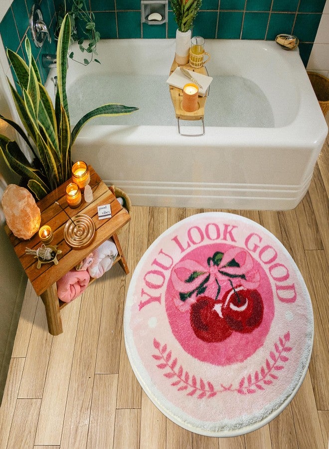 SHIYUE You Look Good Cute Cherry Bath Mat, Ultra Soft and Fluffy Microfiber Water Absorption Non Slip Mat for Bedroom Kitchen Bathroom Rug Decor(23.6"×23.6" Pink Bow Y01) - Image 5