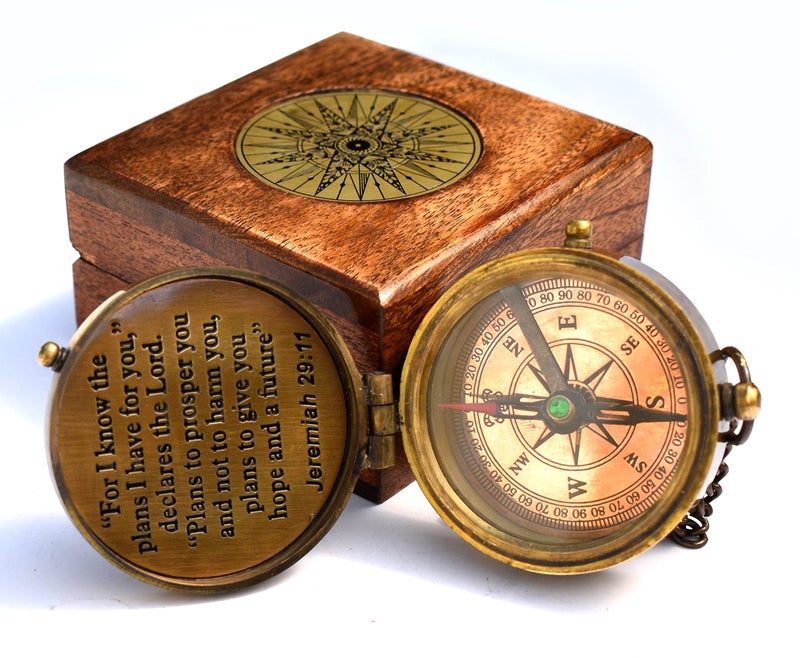 TA dizayn Solid Brass 'For I Know The Plans I Have For You' Engraved Compass with Wooden Box, Jeremiah 29:11, Christian Gifts for Men, Women & Kids - Baptism, Graduation, Confirmation Gifts - Image 3
