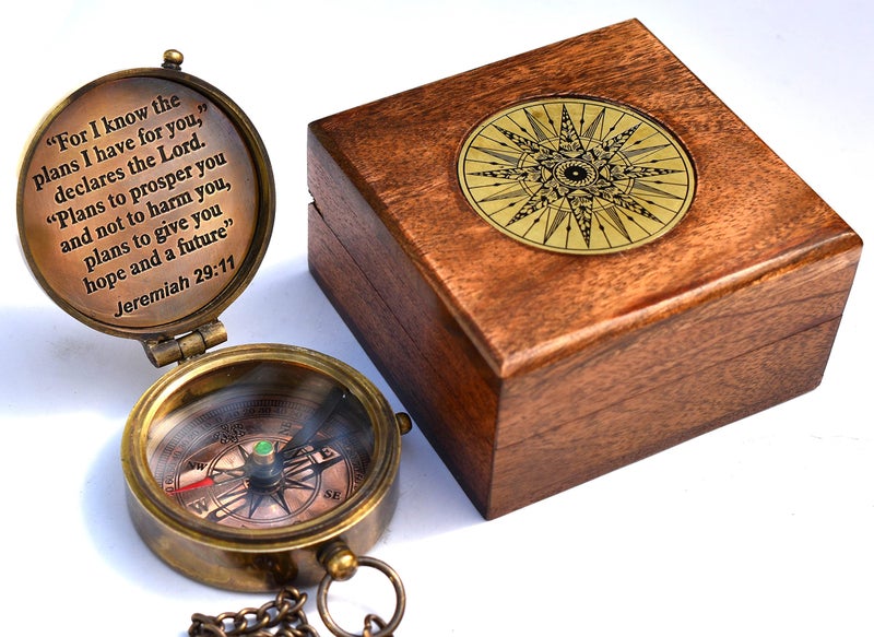 TA dizayn Solid Brass 'For I Know The Plans I Have For You' Engraved Compass with Wooden Box, Jeremiah 29:11, Christian Gifts for Men, Women & Kids - Baptism, Graduation, Confirmation Gifts - Image 1