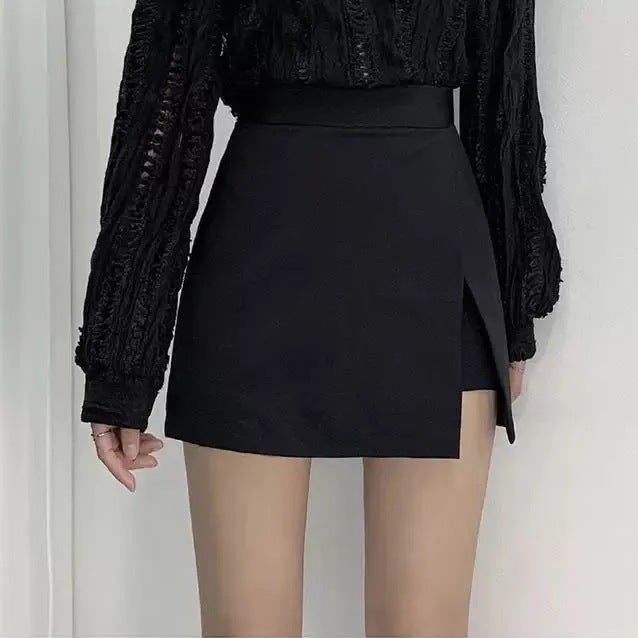 Split Skirt Summer Womens High Waist All-match New Elegant A- line Hip Slimming One-step Skirt Black Short Culottes Black