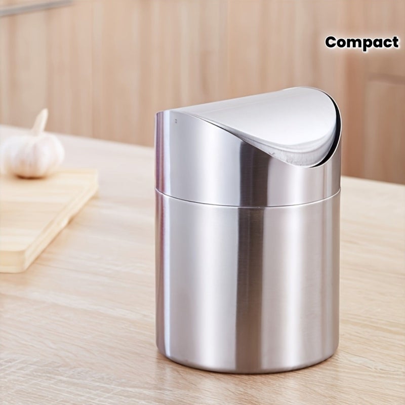 Silver Stainless Steel Countertop Mini Trash Can with Screw Lid - Image 1