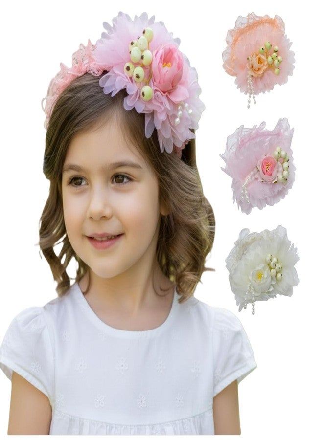 Fairytale White,Pink,Peach Floral Soft Headband with Lace and Pearl Details, Girls Hair Accessory Hair Band. (Peach Orange) - Image 2