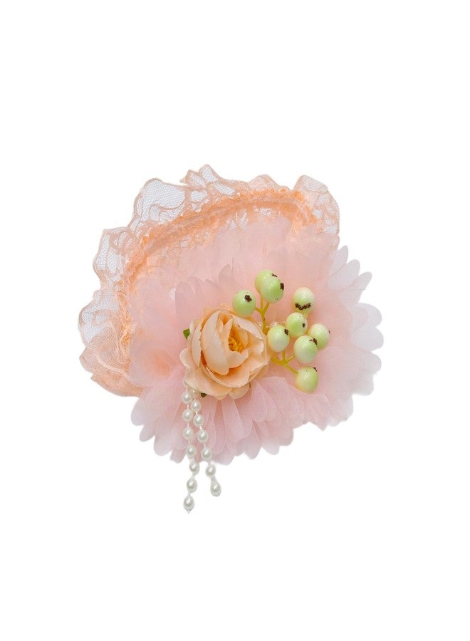 Fairytale White,Pink,Peach Floral Soft Headband with Lace and Pearl Details, Girls Hair Accessory Hair Band. (Peach Orange) - Image 3