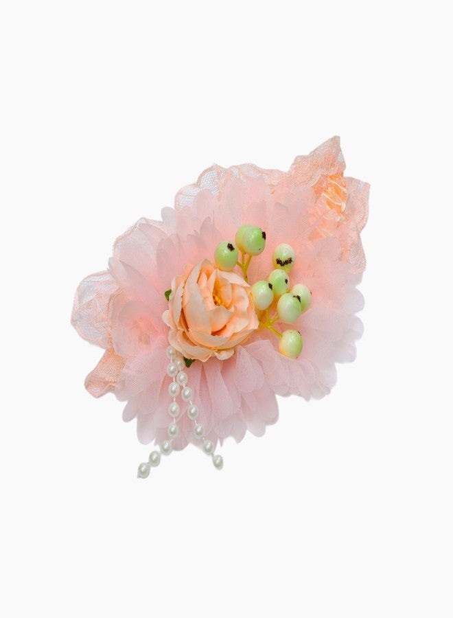 Fairytale White,Pink,Peach Floral Soft Headband with Lace and Pearl Details, Girls Hair Accessory Hair Band. (Peach Orange) - Image 1