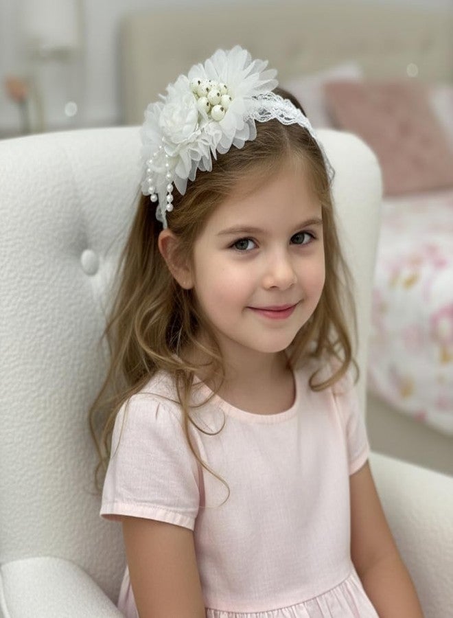 Fairytale White,Pink,Peach Floral Soft Headband with Lace and Pearl Details, Girls Hair Accessory Hair Band. (Peach Orange) - Image 4