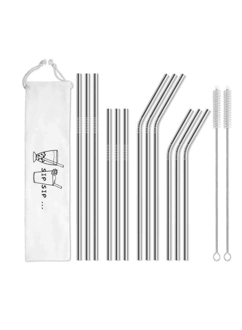 NIBEMINENT Stainless Steel Metal Straws, Reusable-Long Straws Suitable For 30oz And 20oz Glasses, 15-Piece Set (6 Curved + 6 Straight 2 Cleaning Brushes 1 Bag, Silver) - Image 1