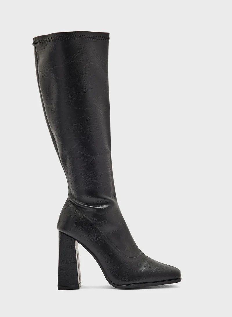 ELLA Square Pointed Toe Block Heel Knee High Boot