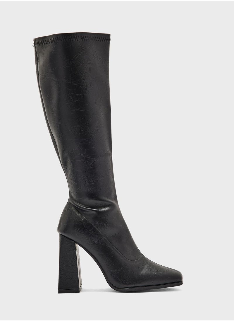 ELLA - Square Pointed Toe Block Heel Knee High Boot - Image 1