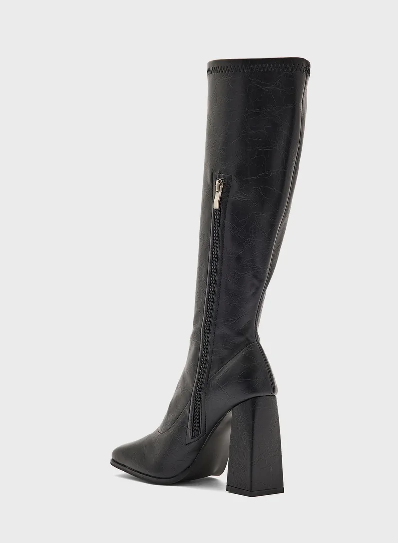 ELLA Square Pointed Toe Block Heel Knee High Boot