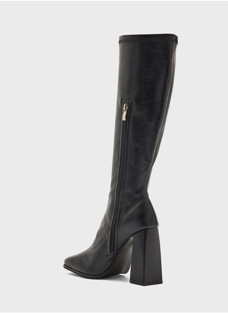 ELLA - Square Pointed Toe Block Heel Knee High Boot - Image 1