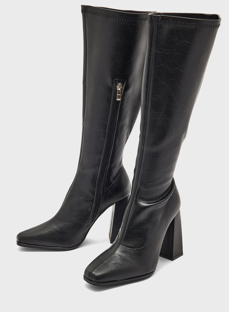 ELLA Square Pointed Toe Block Heel Knee High Boot