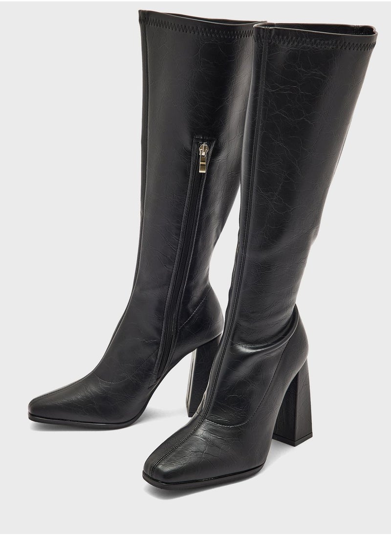 ELLA - Square Pointed Toe Block Heel Knee High Boot - Image 1