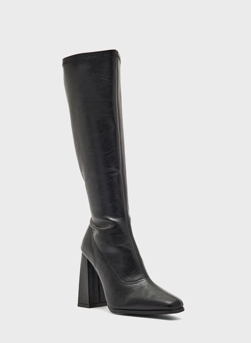 ELLA Square Pointed Toe Block Heel Knee High Boot