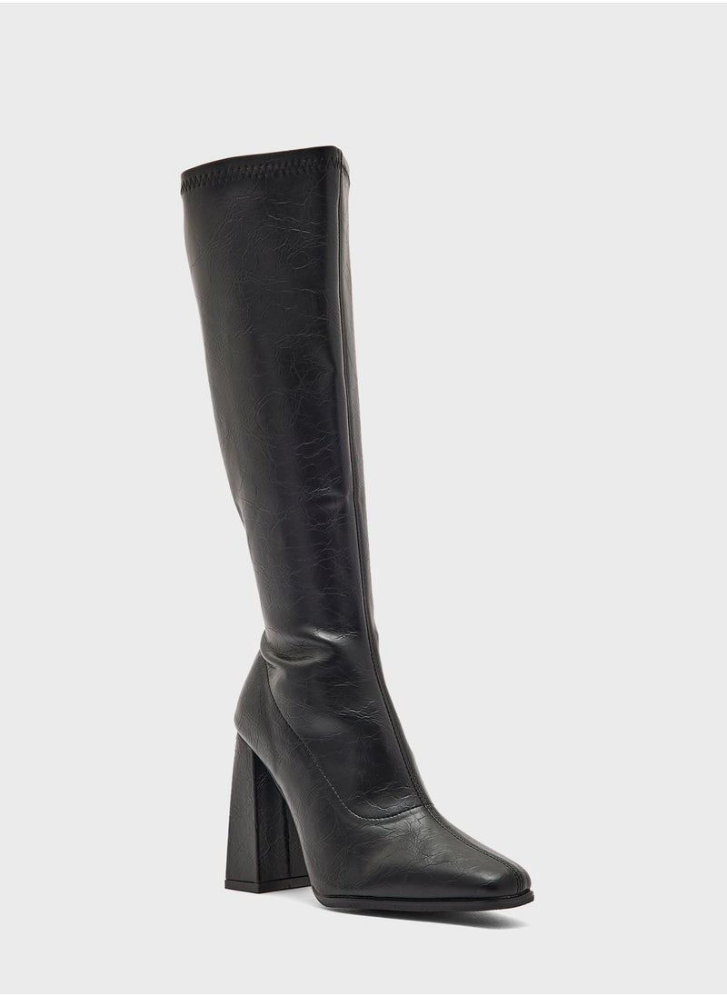 ELLA - Square Pointed Toe Block Heel Knee High Boot - Image 1