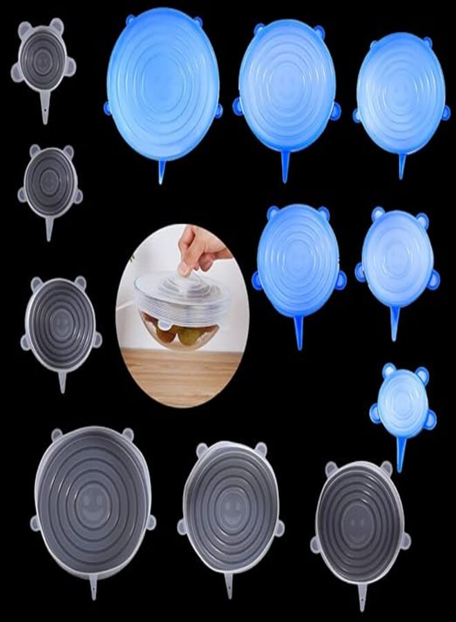 Duruan Silicone Stretch Lids, Reusable Plastic Wrap Alternative, 12-Pack Eco Friendly Food Storage Covers, Clear Color (White+Blue)