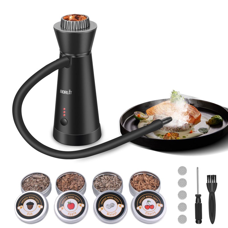 BORUiT Smoking Gun Portable Aluminum Alloy Smoker Infuser with 4 Pack Wood Chips Handheld Smoke Gun for Kitchen Meat Salmon Cocktails Cheese Barbecue black