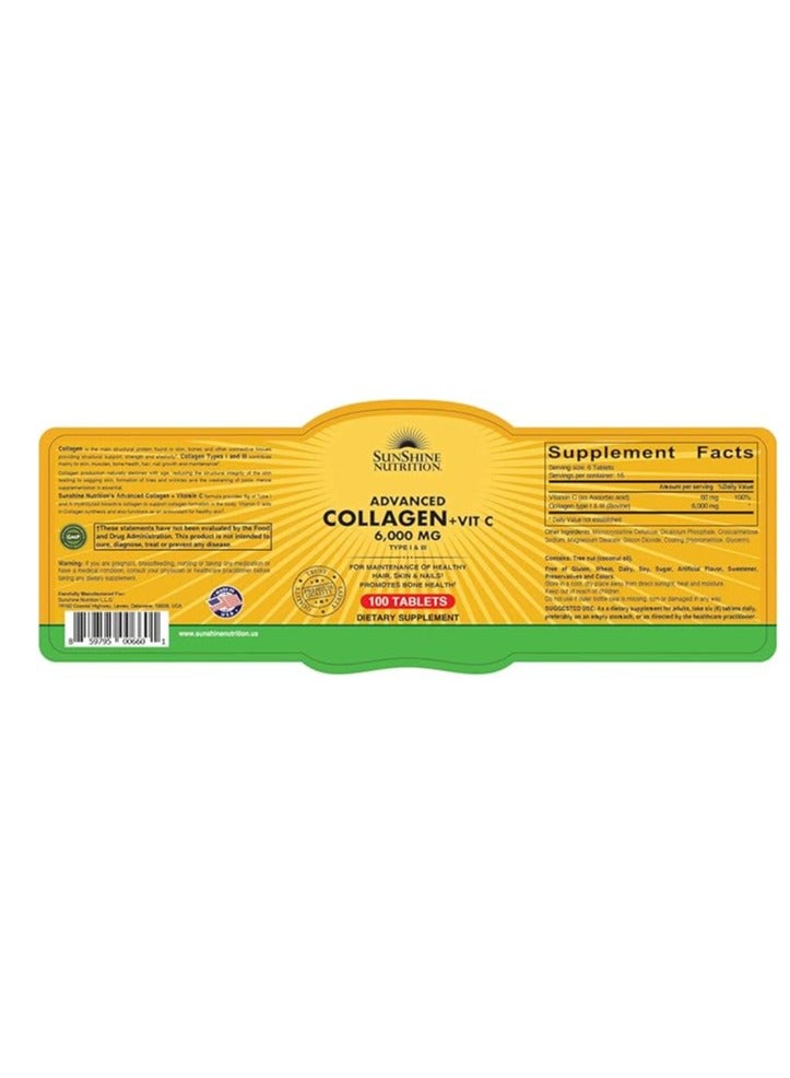 SUNSHINE NUTRITION Advanced Collagen + Vitamin C 6000mg 100 Tablets  - Image 2