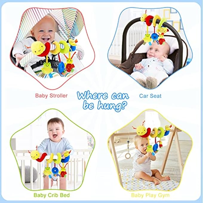 BABY CAR SEAT TOYS: ACTIVITY SPIRAL STROLLER TOY INFANT PLUSH HANGING CARSEAT TOYS WITH RINGING BELL, 0-12 MONTHS GIRLS BOYS NEWBORN FOR CRIB BAR BASSINET MOBILE（BEE） - Image 3