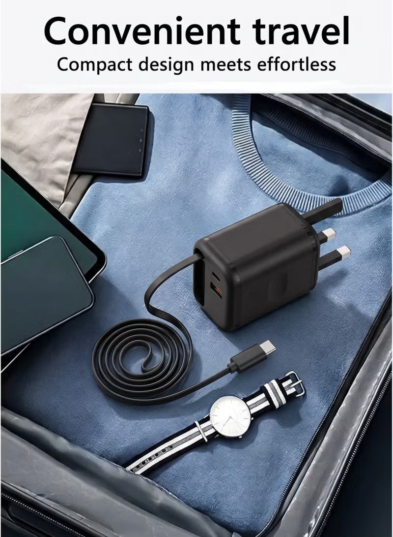 Smartbarry 65W GaN Fast Charger with Built-in Retractable USB-C Cable, 3-Port UK Wall Plug - Black - Image 2