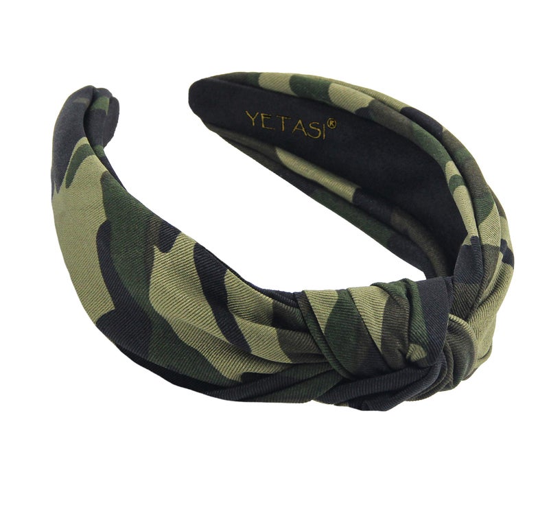 YETASI Army Headbands for Women Wearable All Day Knotted Headband for Women Green Camo is Chic Womens Top Knot Fashion Designer is Unique Head band for Girl Hair