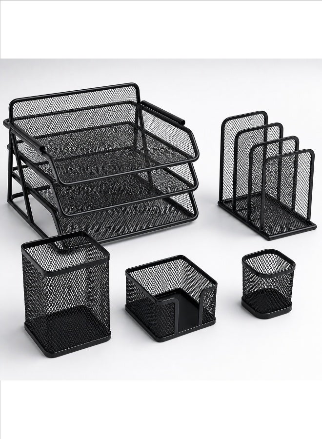 5-Piece Black Metal Mesh Desk Organizer Set with 3-Tier Document Tray, Vertical File Sorter, Pen Holder, Memo Holder, and Accessory Cup for Home Office - Image 2