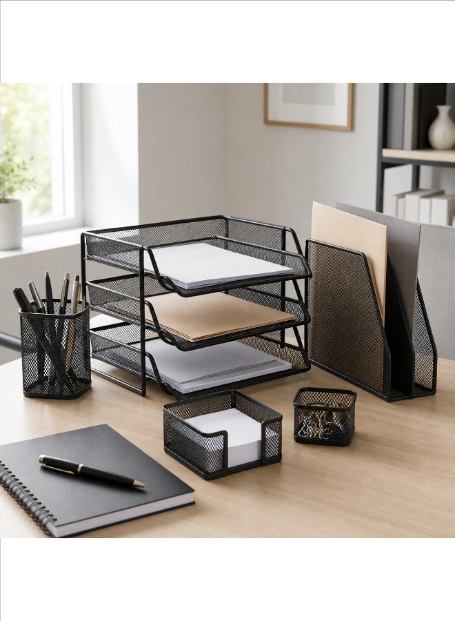 5-Piece Black Metal Mesh Desk Organizer Set with 3-Tier Document Tray, Vertical File Sorter, Pen Holder, Memo Holder, and Accessory Cup for Home Office - Image 1