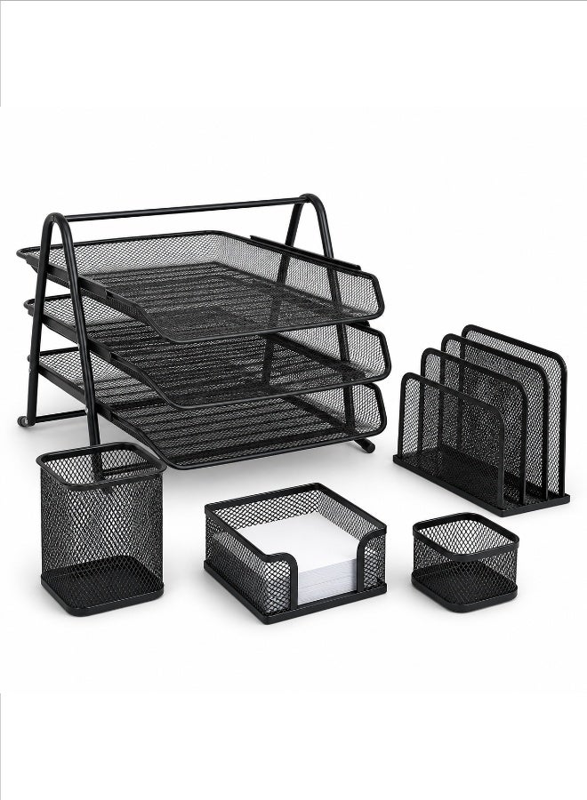 5-Piece Black Metal Mesh Desk Organizer Set with 3-Tier Document Tray, Vertical File Sorter, Pen Holder, Memo Holder, and Accessory Cup for Home Office - Image 3