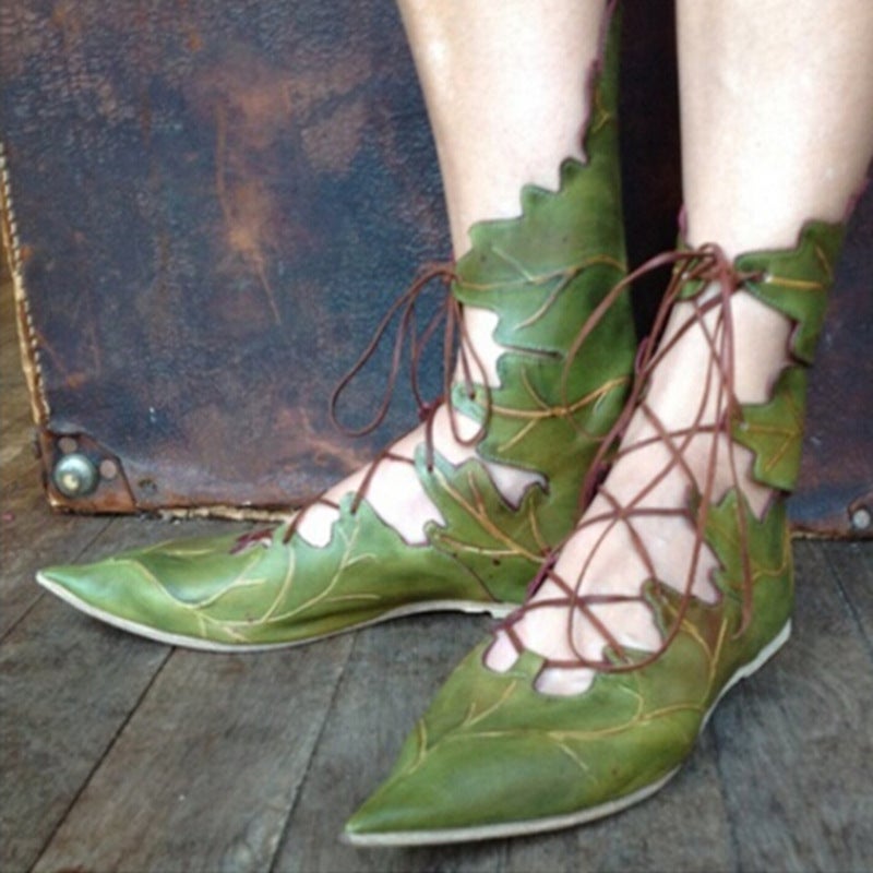 Export Summer Women'S Flats Shoes Style Personalized Leaf Decoration Lace-Up Pointed Shoes Drop Shipping - Image 1