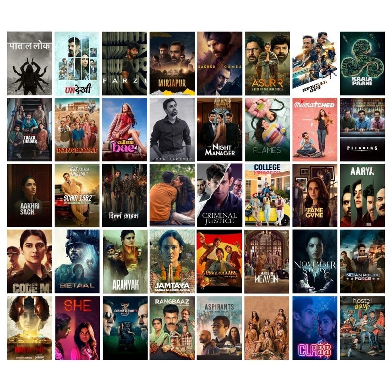 auraposter 40 PCS Indian Web Series Poster Set | 15x10 cm Mini Wall Collage Kit | Unframed Art Prints for Room Aesthetic | Hindi Series Fan Art for Bedroom, Hostel, Dorm & Gifting | Glue Dots Included - Image 1